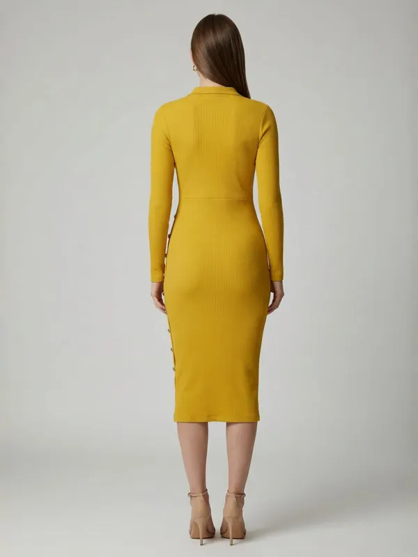 Women_Yellow_Ribbed_Collared_Neck_Bodycon_Dress