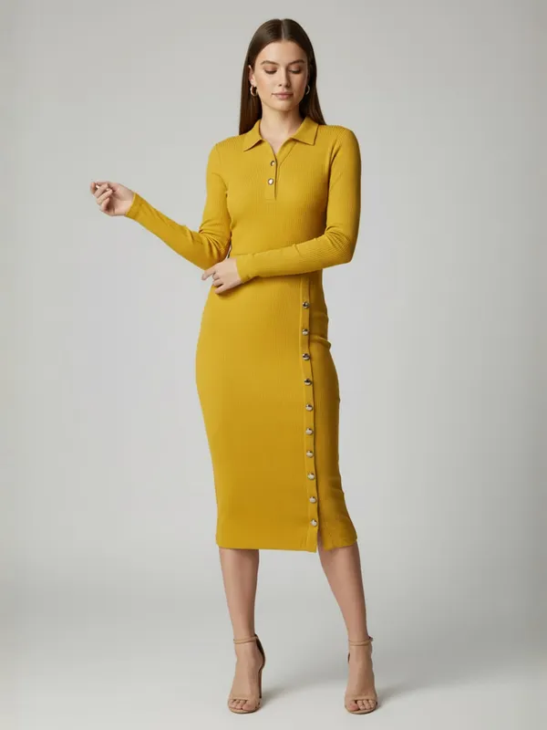 Women_Yellow_Ribbed_Collared_Neck_Bodycon_Dress