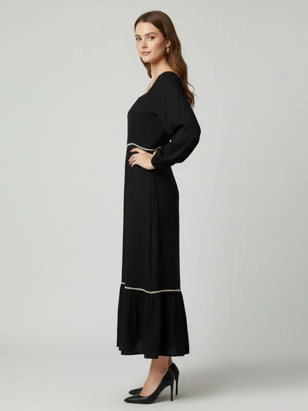Solid_Black_Rayon_Square_Neck_Long_Puff_Sleeve_Fit_and_Flare_Midi_Dress