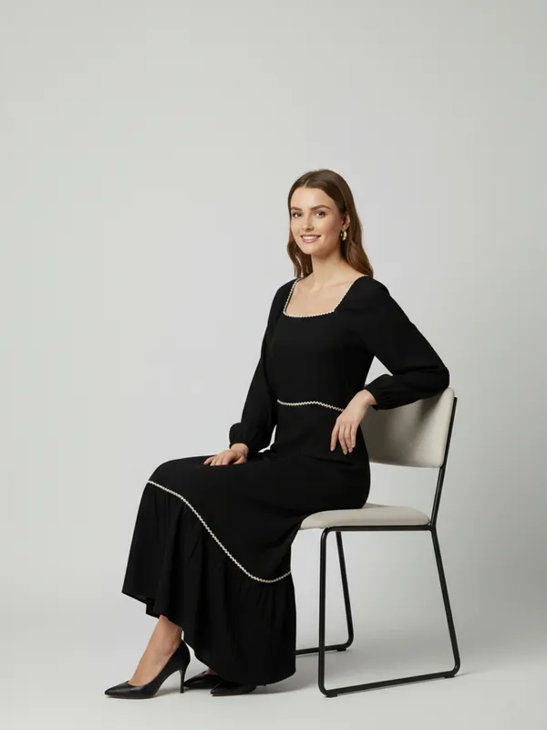 Solid_Black_Rayon_Square_Neck_Long_Puff_Sleeve_Fit_and_Flare_Midi_Dress