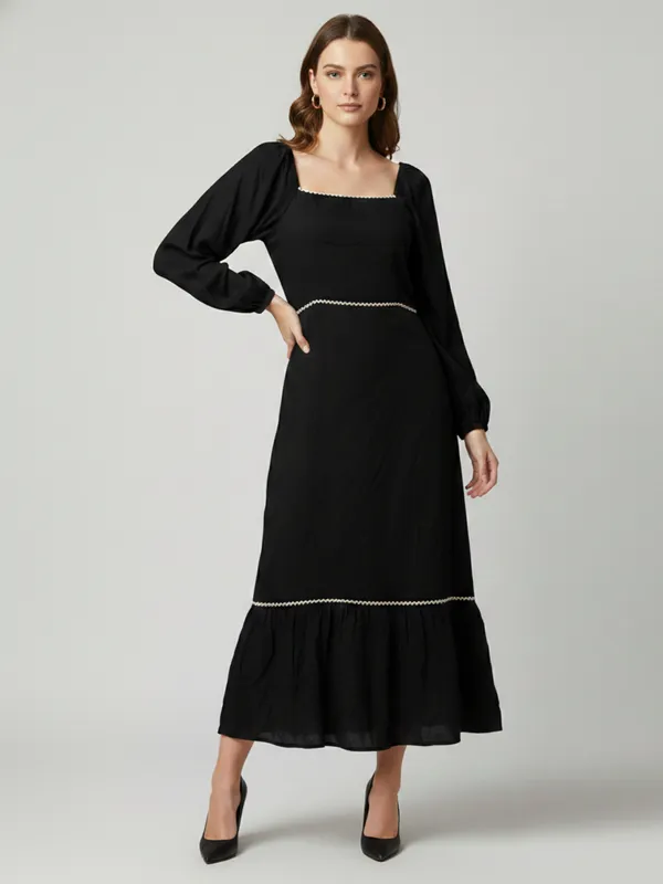 Solid_Black_Rayon_Square_Neck_Long_Puff_Sleeve_Fit_and_Flare_Midi_Dress