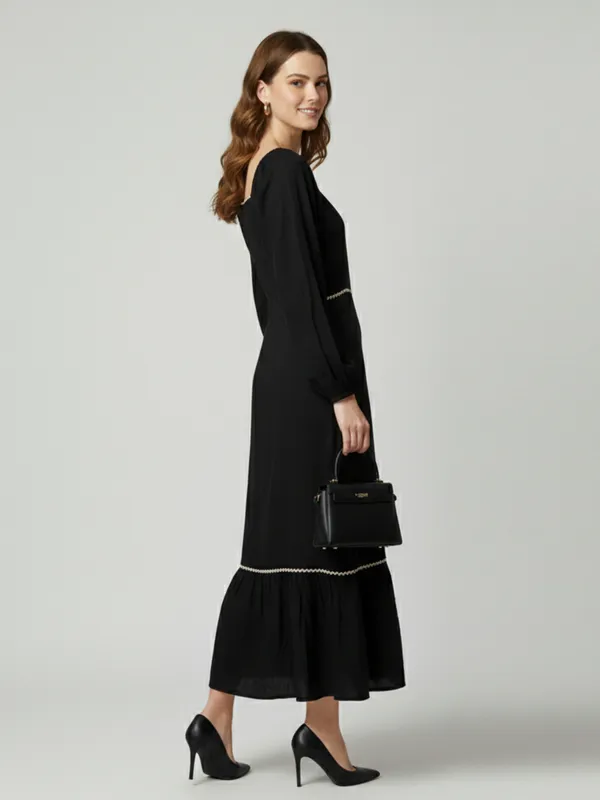 Solid_Black_Rayon_Square_Neck_Long_Puff_Sleeve_Fit_and_Flare_Midi_Dress