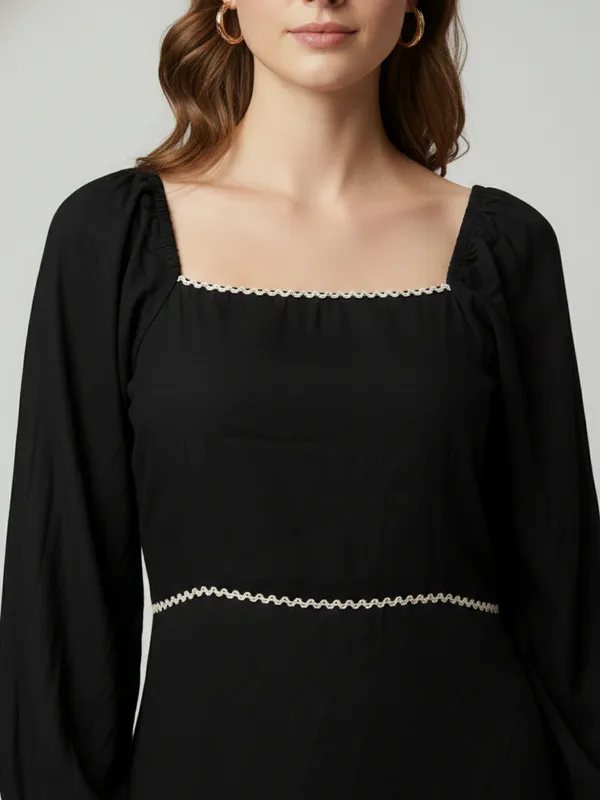Solid_Black_Rayon_Square_Neck_Long_Puff_Sleeve_Fit_and_Flare_Midi_Dress