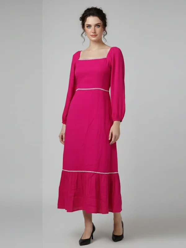 Solid_Hot_Pink_Rayon_Square_Neck_Long_Puff_Sleeve_Fit_and_Flare_Midi_Dress