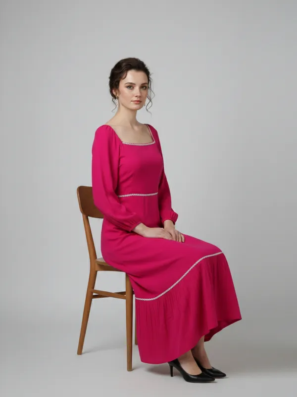Solid_Hot_Pink_Rayon_Square_Neck_Long_Puff_Sleeve_Fit_and_Flare_Midi_Dress