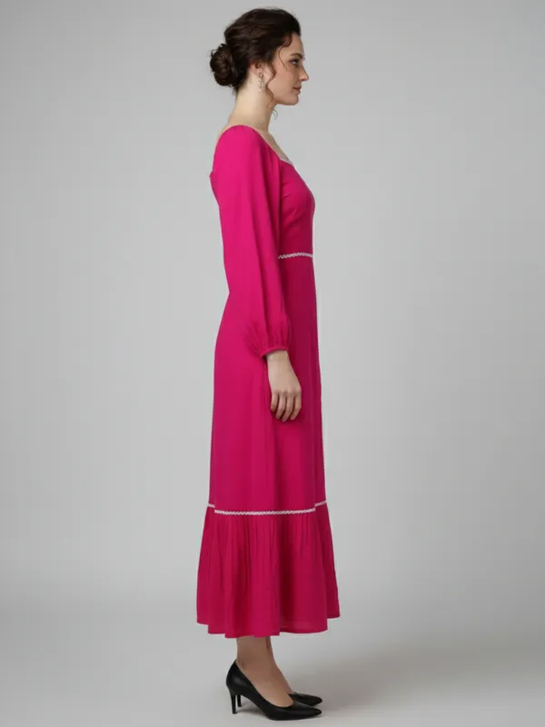 Solid_Hot_Pink_Rayon_Square_Neck_Long_Puff_Sleeve_Fit_and_Flare_Midi_Dress