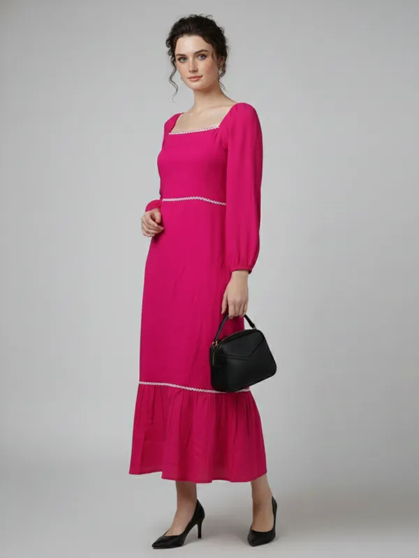 Solid_Hot_Pink_Rayon_Square_Neck_Long_Puff_Sleeve_Fit_and_Flare_Midi_Dress