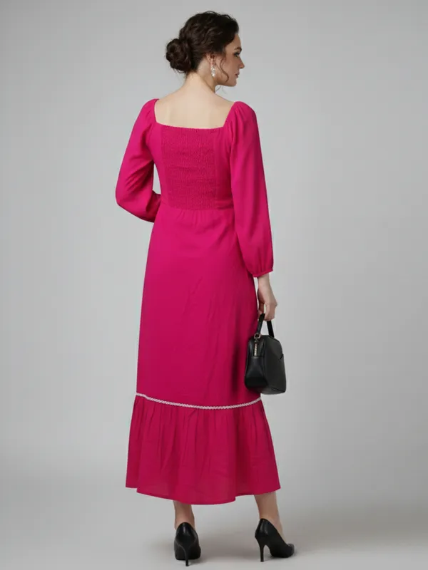 Solid_Hot_Pink_Rayon_Square_Neck_Long_Puff_Sleeve_Fit_and_Flare_Midi_Dress