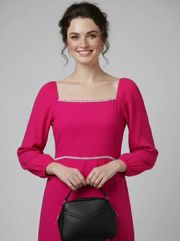 Solid_Hot_Pink_Rayon_Square_Neck_Long_Puff_Sleeve_Fit_and_Flare_Midi_Dress