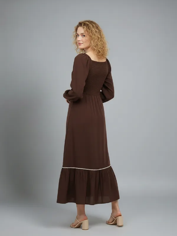 Solid_Brown_Rayon_Square_Neck_Long_Puff_Sleeve_Fit_and_Flare_Midi_Dress