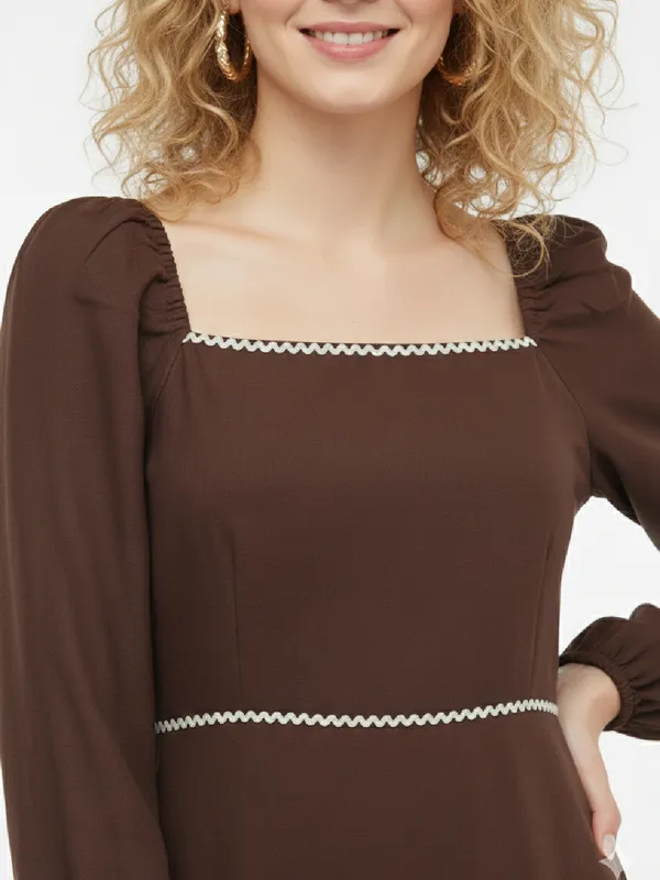 Solid_Brown_Rayon_Square_Neck_Long_Puff_Sleeve_Fit_and_Flare_Midi_Dress