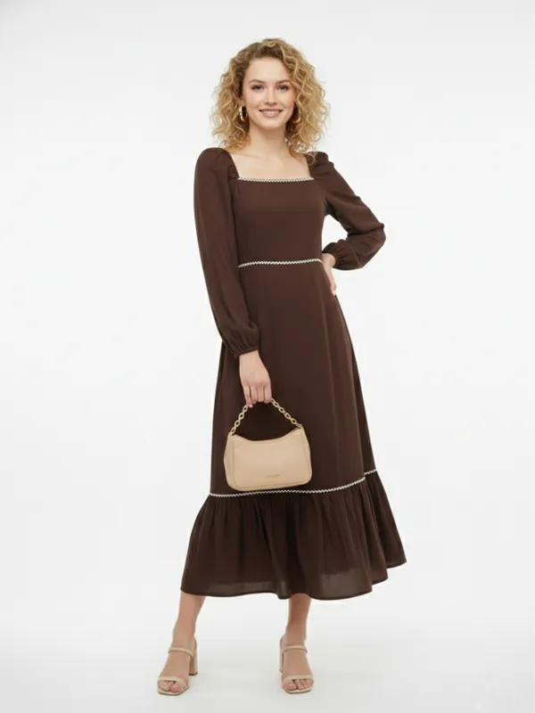Solid_Brown_Rayon_Square_Neck_Long_Puff_Sleeve_Fit_and_Flare_Midi_Dress