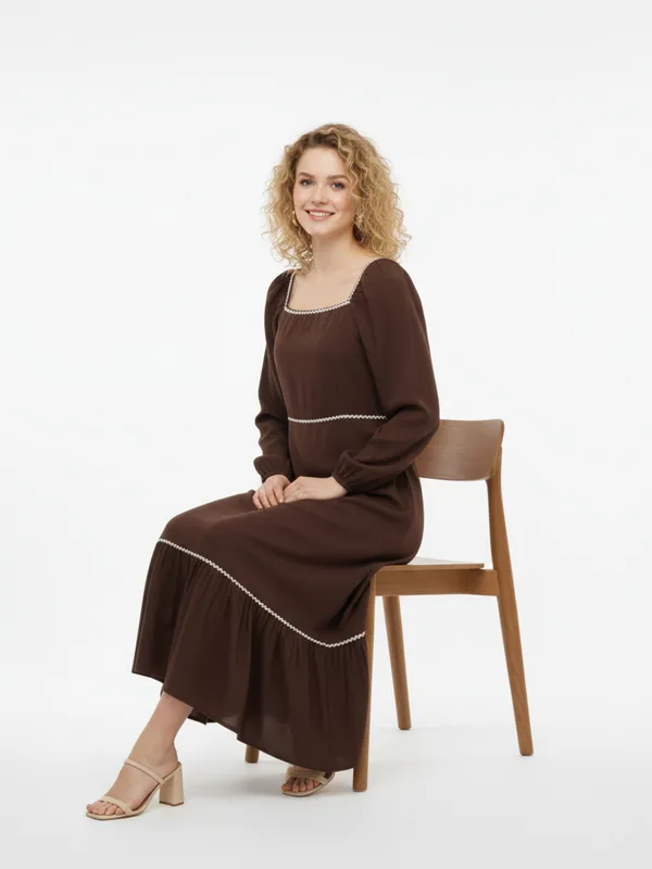 Solid_Brown_Rayon_Square_Neck_Long_Puff_Sleeve_Fit_and_Flare_Midi_Dress