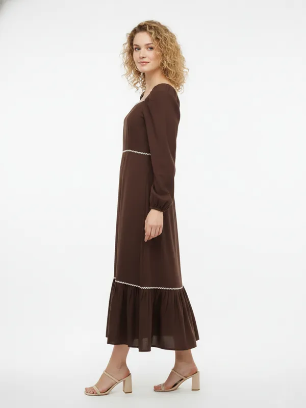 Solid_Brown_Rayon_Square_Neck_Long_Puff_Sleeve_Fit_and_Flare_Midi_Dress