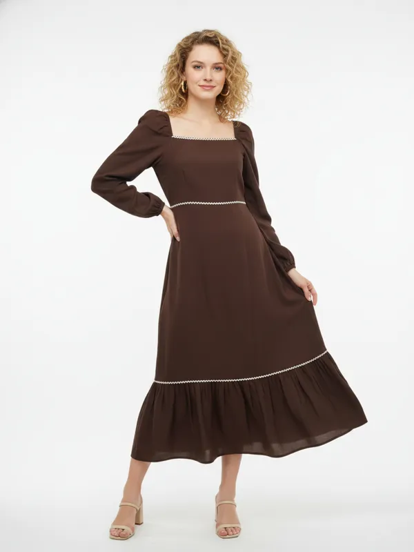 Solid_Brown_Rayon_Square_Neck_Long_Puff_Sleeve_Fit_and_Flare_Midi_Dress