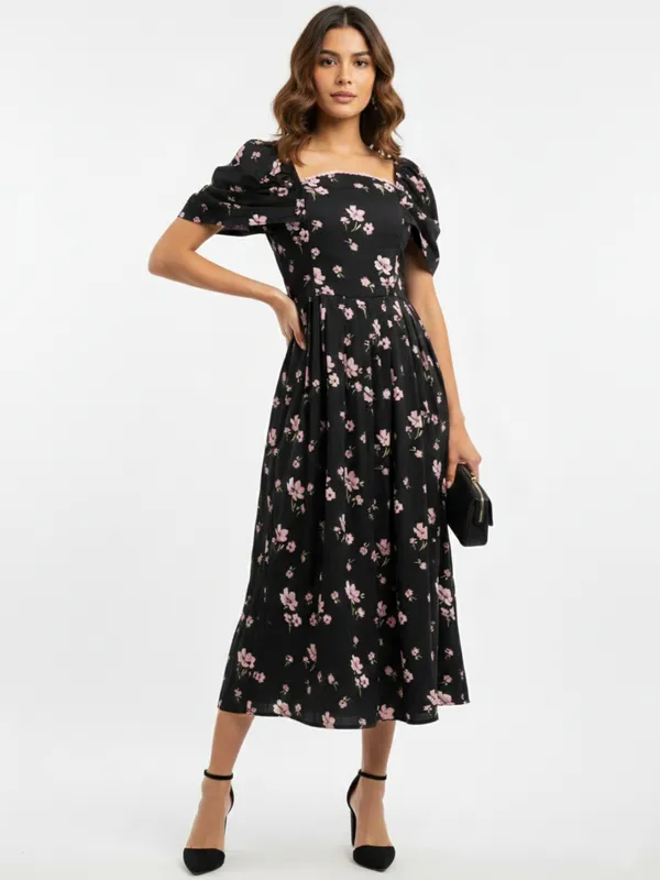 Floral_Printed_Black_Crepe_Square_Neck_Fit_and_Flare_Midi_Dress