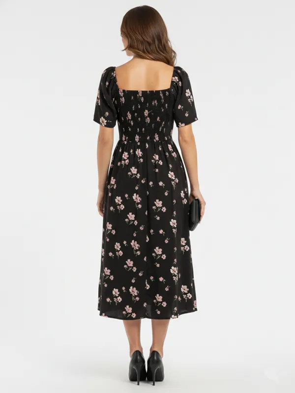 Floral_Printed_Black_Crepe_Square_Neck_Fit_and_Flare_Midi_Dress