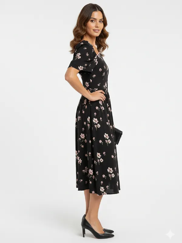 Floral_Printed_Black_Crepe_Square_Neck_Fit_and_Flare_Midi_Dress