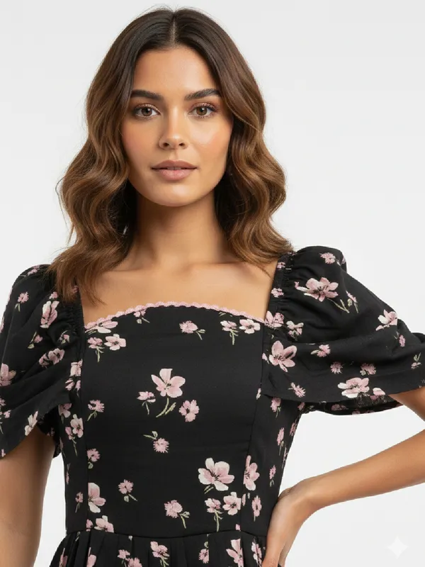 Floral_Printed_Black_Crepe_Square_Neck_Fit_and_Flare_Midi_Dress