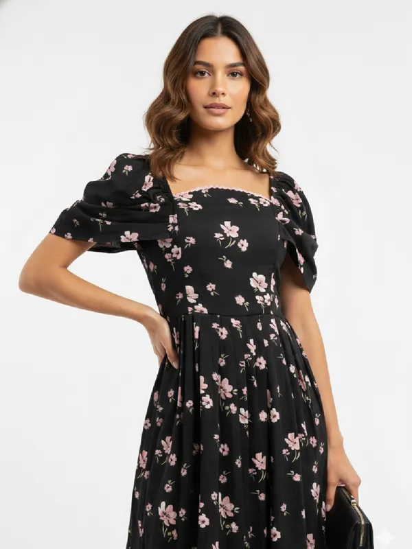 Floral_Printed_Black_Crepe_Square_Neck_Fit_and_Flare_Midi_Dress