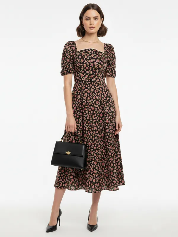 Floral_Printed_Black_Crepe_Square_Neck_Fit_and_Flare_Midi_Dress