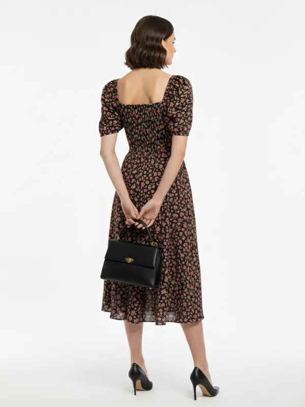 Floral_Printed_Black_Crepe_Square_Neck_Fit_and_Flare_Midi_Dress