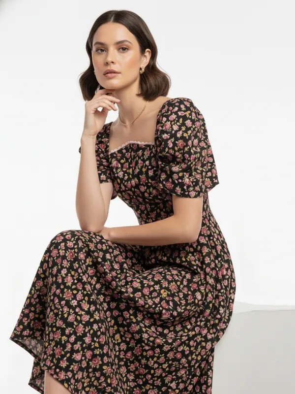 Floral_Printed_Black_Crepe_Square_Neck_Fit_and_Flare_Midi_Dress