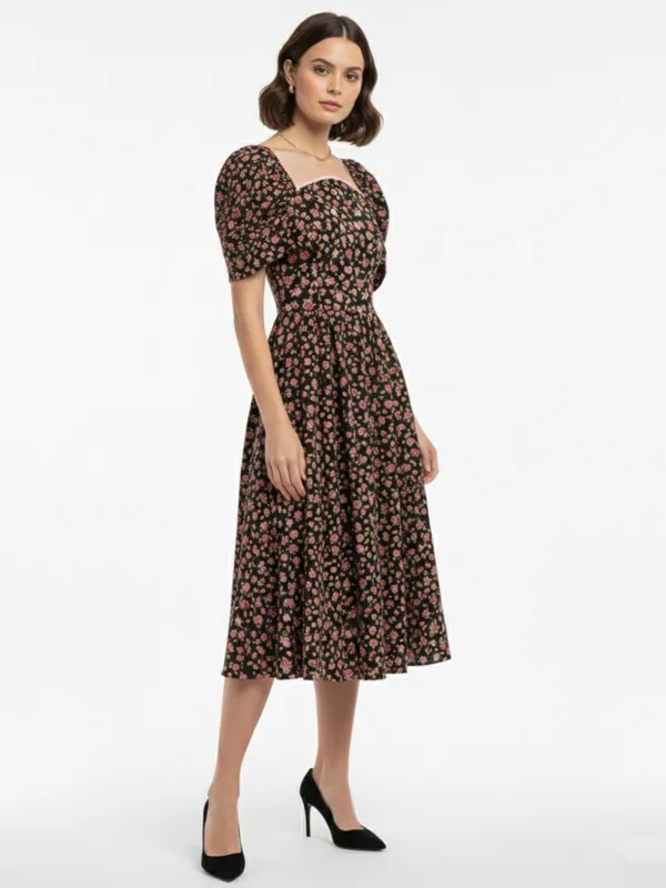 Floral_Printed_Black_Crepe_Square_Neck_Fit_and_Flare_Midi_Dress