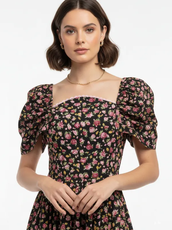 Floral_Printed_Black_Crepe_Square_Neck_Fit_and_Flare_Midi_Dress