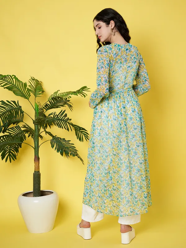 Floral_Printed_Green_Chiffon_Long_Sleeve_Gathered_Open_Front_Waist_Tie-ups_Longline_Shrug