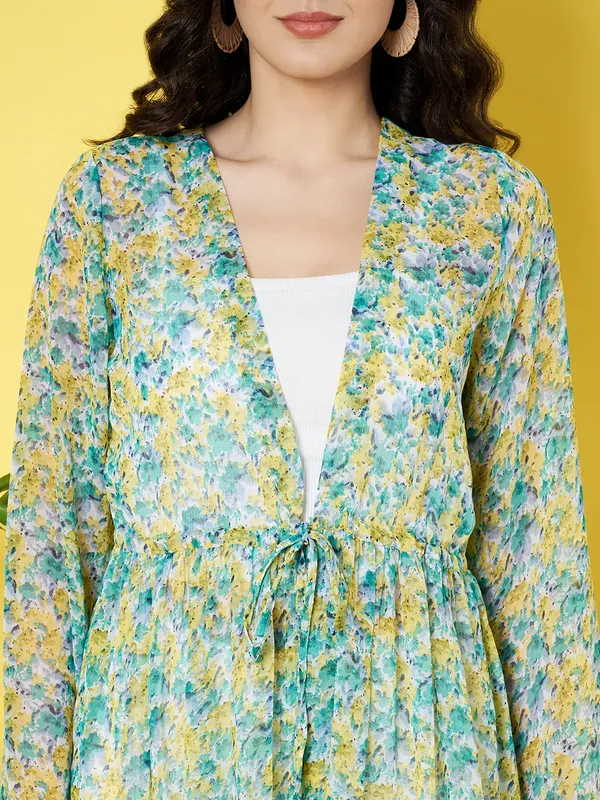 Floral_Printed_Green_Chiffon_Long_Sleeve_Gathered_Open_Front_Waist_Tie-ups_Longline_Shrug