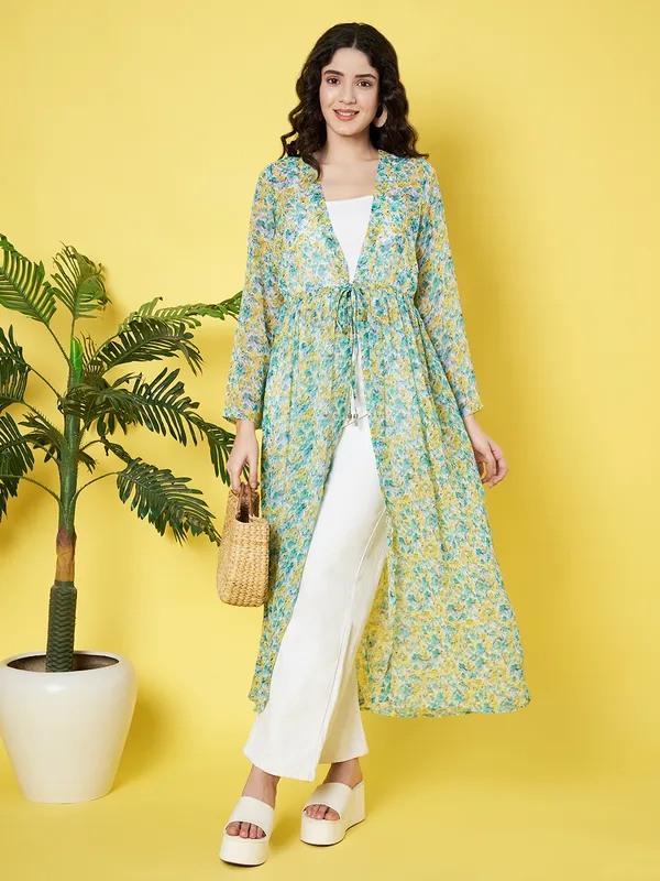 Floral_Printed_Green_Chiffon_Long_Sleeve_Gathered_Open_Front_Waist_Tie-ups_Longline_Shrug