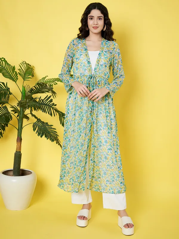 Floral_Printed_Green_Chiffon_Long_Sleeve_Gathered_Open_Front_Waist_Tie-ups_Longline_Shrug