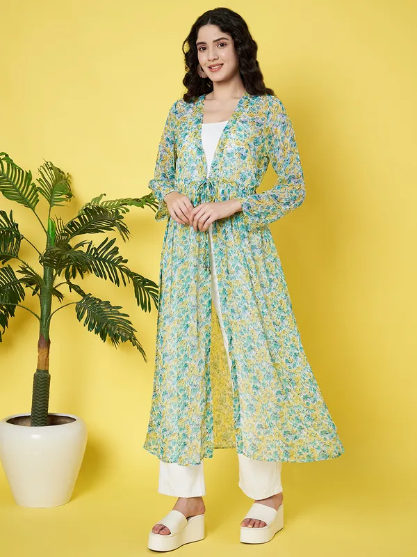 Floral_Printed_Green_Chiffon_Long_Sleeve_Gathered_Open_Front_Waist_Tie-ups_Longline_Shrug