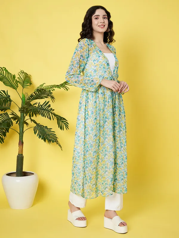 Floral_Printed_Green_Chiffon_Long_Sleeve_Gathered_Open_Front_Waist_Tie-ups_Longline_Shrug