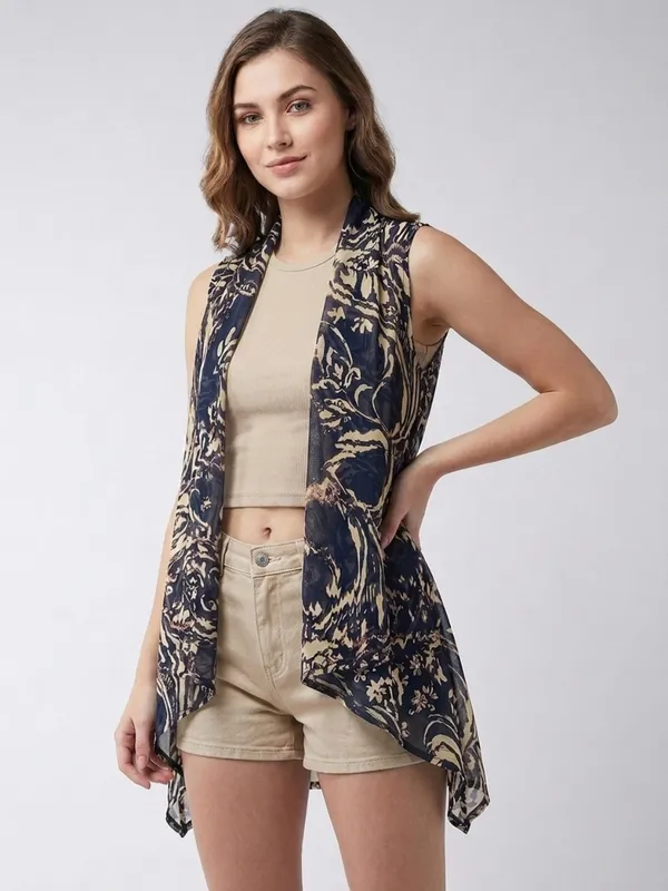 Women_Floral_Printed_Black_Beige_Georgette_Sleeveless_Front_Open_Regular_Shrug_With_Asymmetric_Hemline