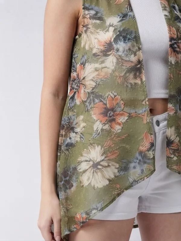 Women_Floral_Printed_Green_Beige_Georgette_Sleeveless_Front_Open_Regular_Shrug_With_Asymmetric_Hemline
