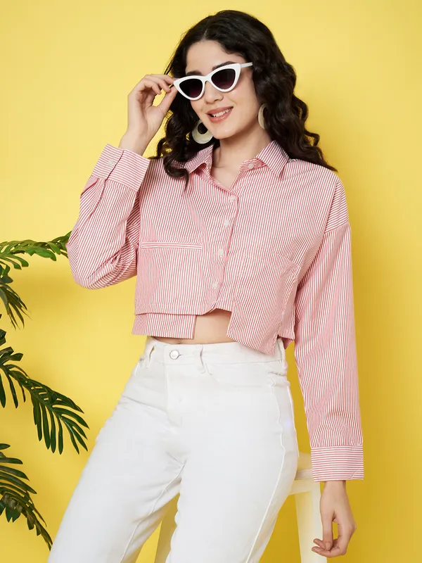 Stripped_Printed_Pink_Collared_Neck_Long_Sleeve_Cotton_Baggy_Style_Crop_Shirt_With_Patch_Pocket