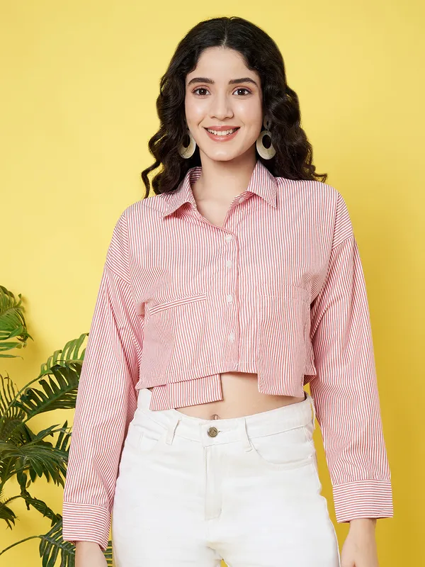 Stripped_Printed_Pink_Collared_Neck_Long_Sleeve_Cotton_Baggy_Style_Crop_Shirt_With_Patch_Pocket