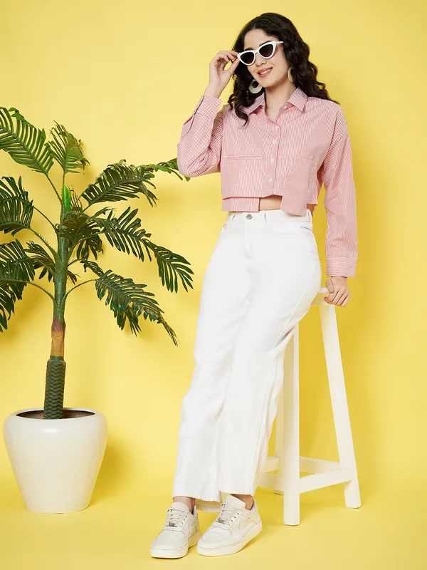 Stripped_Printed_Pink_Collared_Neck_Long_Sleeve_Cotton_Baggy_Style_Crop_Shirt_With_Patch_Pocket