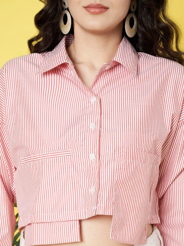 Stripped_Printed_Pink_Collared_Neck_Long_Sleeve_Cotton_Baggy_Style_Crop_Shirt_With_Patch_Pocket
