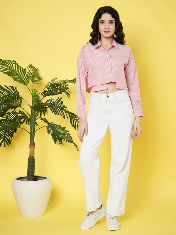 Stripped_Printed_Pink_Collared_Neck_Long_Sleeve_Cotton_Baggy_Style_Crop_Shirt_With_Patch_Pocket