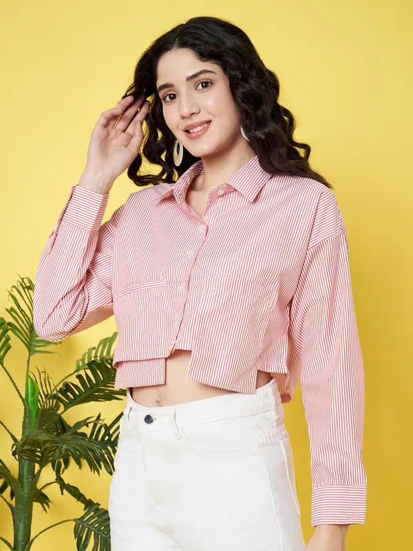 Stripped_Printed_Pink_Collared_Neck_Long_Sleeve_Cotton_Baggy_Style_Crop_Shirt_With_Patch_Pocket