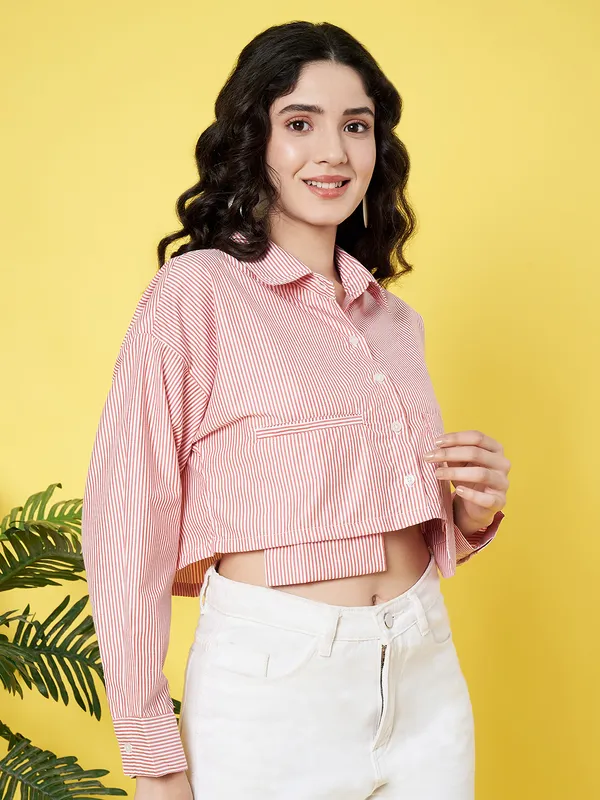 Stripped_Printed_Pink_Collared_Neck_Long_Sleeve_Cotton_Baggy_Style_Crop_Shirt_With_Patch_Pocket