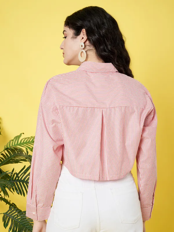 Stripped_Printed_Pink_Collared_Neck_Long_Sleeve_Cotton_Baggy_Style_Crop_Shirt_With_Patch_Pocket