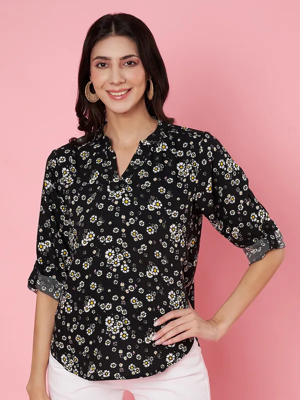 Floral_Printed_Black_Mandarin_Neck_Roll-up_Sleeve_Crepe_Regular_Top