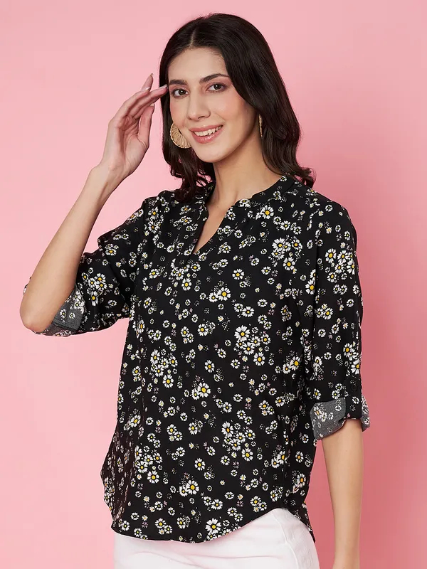 Floral_Printed_Black_Mandarin_Neck_Roll-up_Sleeve_Crepe_Regular_Top