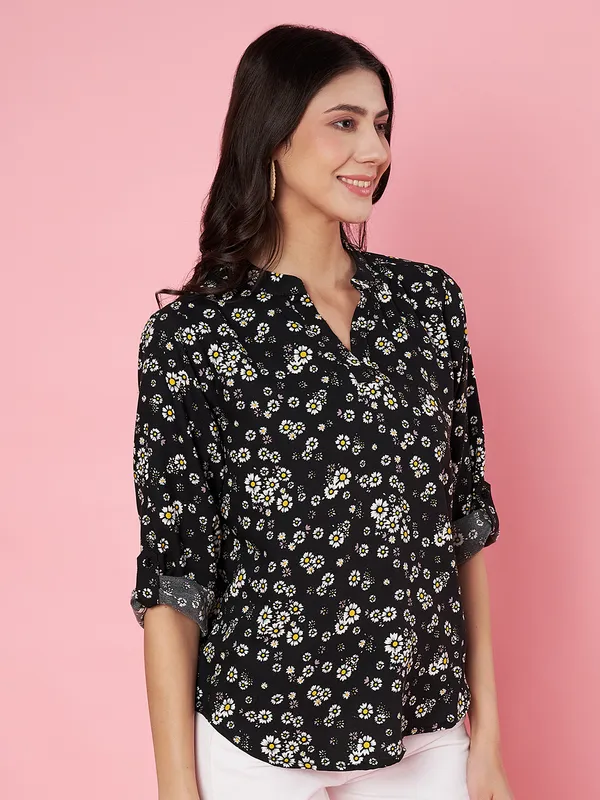 Floral_Printed_Black_Mandarin_Neck_Roll-up_Sleeve_Crepe_Regular_Top