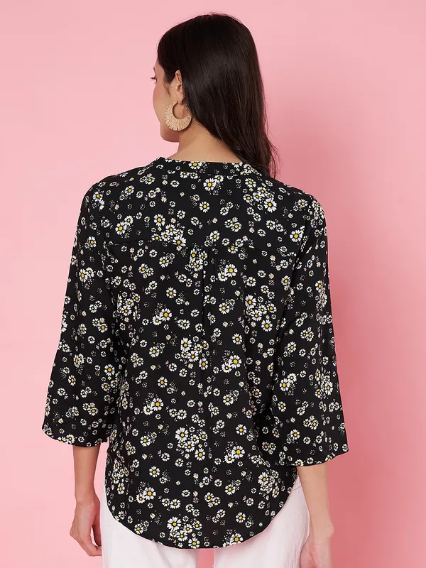 Floral_Printed_Black_Mandarin_Neck_Roll-up_Sleeve_Crepe_Regular_Top