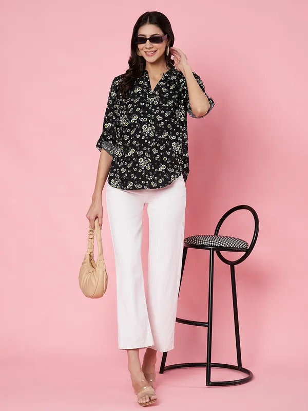 Floral_Printed_Black_Mandarin_Neck_Roll-up_Sleeve_Crepe_Regular_Top
